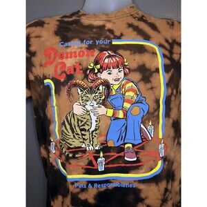 Steven Rhodes Shirt Mens Small Brown Bleach Tie Dye Demon Cat Graphic Tee Horror